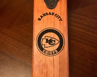 Kansas City Chiefs Engraved Bottle Opener: Solid Wood with Magnetic Cap Catcher