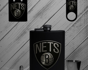 Personalized Brooklyn Nets Flask Set: Engraved Stainless Steel Fan Gift