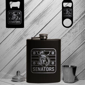 Otta Senators, 5-piece flask set, Customize, Personalized, 8oz, Black Powder Coated Flask, Stainless Steel