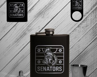 Otta Senators, 5-piece flask set, Customize, Personalized, 8oz, Black Powder Coated Flask, Stainless Steel