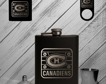 Montreal Canadiens Flask Set, Black Powder Coated Stainless Steel, Personalized Gift