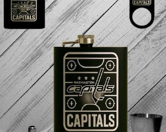 Washington Capitals, Customize, Personalized, 8oz, Black Powder Coated Flask, Stainless Steel 5-piece flask set