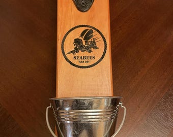 Engraved SEABEES Bottle Opener: Solid Wood with Magnetic Cap Catcher