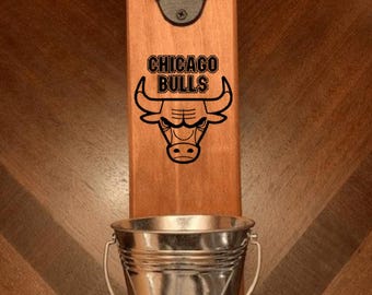 Chicago Bulls Engraved Wood Bottle Opener with Magnetic Cap Catcher