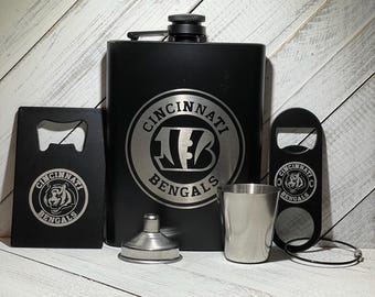 Personalized Cincinnati Bengals Flask Set: Engraved Stainless Steel, Sports Fan Gift