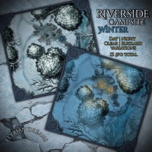 Riverside Camping, Winter, 4k, Digital, TTRPG, Map Pack, D&D, Roll20, Schlachtkarte, Abenteuer, Inkarnate, Dungeons and Dragons, 5e, DnD