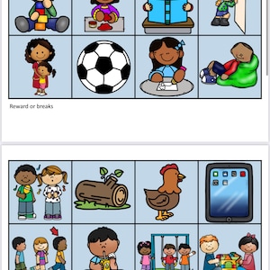 Op de afbeelding: Een verzameling ge&iuml;llustreerde kaarten met kinderen die verschillende activiteiten uitvoeren. De kaarten tonen kinderen die met blokken spelen, lezen, voetballen en andere activiteiten. De tekst "Reward or breaks" staat onderaan.