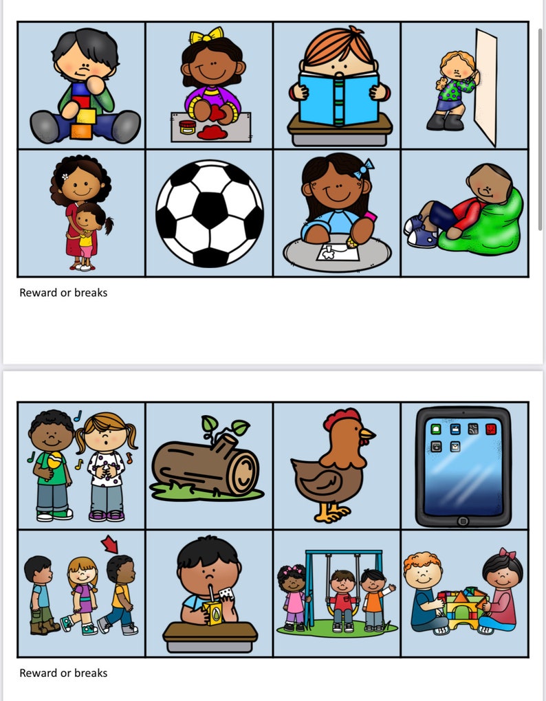 Op de afbeelding: Een verzameling ge&iuml;llustreerde kaarten met kinderen die verschillende activiteiten uitvoeren. De kaarten tonen kinderen die met blokken spelen, lezen, voetballen en andere activiteiten. De tekst "Reward or breaks" staat onderaan.
