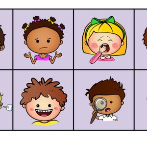 Op de afbeelding: Een illustratie van acht cartoongezichten, die elk een andere emotie uitbeelden. De emoties omvatten huilen, verdriet, geeuwen, woede, geluk en nieuwsgierigheid. Het woord "Feelings" staat onderaan.