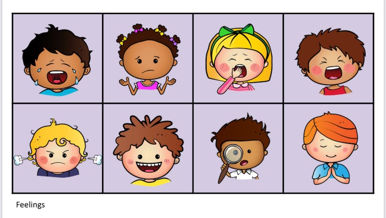 Op de afbeelding: Een illustratie van acht cartoongezichten, die elk een andere emotie uitbeelden. De emoties omvatten huilen, verdriet, geeuwen, woede, geluk en nieuwsgierigheid. Het woord "Feelings" staat onderaan.