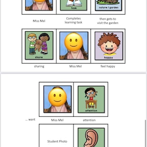 Op de afbeelding: Een visueel communicatiebord met ge&iuml;llustreerde kaarten. De kaarten bevatten afbeeldingen en tekst zoals "taak", "delen", "gelukkig" en "luisteren". Het bord bevat een fotoplaatsaanduiding en de tekst "Miss Mel" en "Studentennaam".
