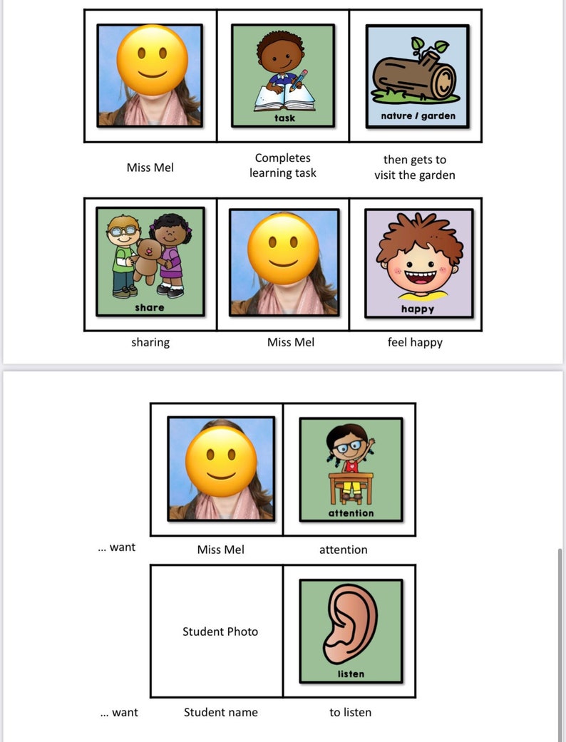 Op de afbeelding: Een visueel communicatiebord met ge&iuml;llustreerde kaarten. De kaarten bevatten afbeeldingen en tekst zoals "taak", "delen", "gelukkig" en "luisteren". Het bord bevat een fotoplaatsaanduiding en de tekst "Miss Mel" en "Studentennaam".