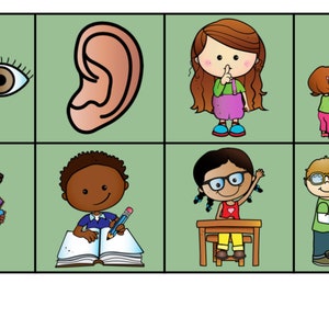 Op de afbeelding: Een educatieve illustratie met acht panelen. De panelen tonen ogen, een oor, een meisje met een vinger voor de mond, een leraar met een leerling, een meisje met een mand, een schrijvende jongen, een meisje dat haar hand opsteekt en twee kinderen met een teddybeer. De tekst "Good choices" staat onderaan.