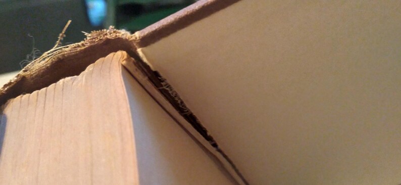 Pode incluir: Close-up de um livro aberto, revelando as p&aacute;ginas envelhecidas e texturizadas e a capa castanha desgastada. A encaderna&ccedil;&atilde;o &eacute; vis&iacute;vel, mostrando sinais de desgaste, sugerindo a idade e o uso do livro. As p&aacute;ginas s&atilde;o de cor bege claro.