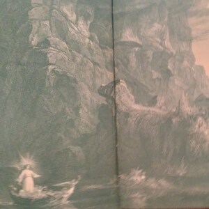 May include: A black and white illustration of a person in a boat on a stormy sea. The person is wearing a white robe and has a halo above their head. The sea is rough and choppy, and there are large waves crashing around the boat.