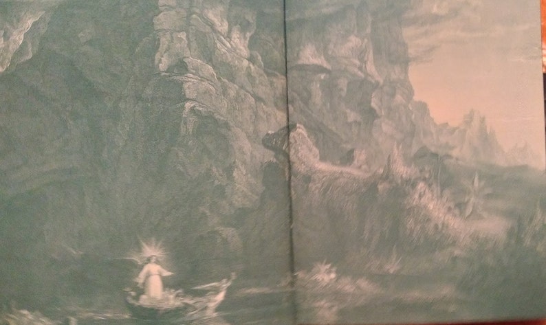 May include: A black and white illustration of a person in a boat on a stormy sea. The person is wearing a white robe and has a halo above their head. The sea is rough and choppy, and there are large waves crashing around the boat.
