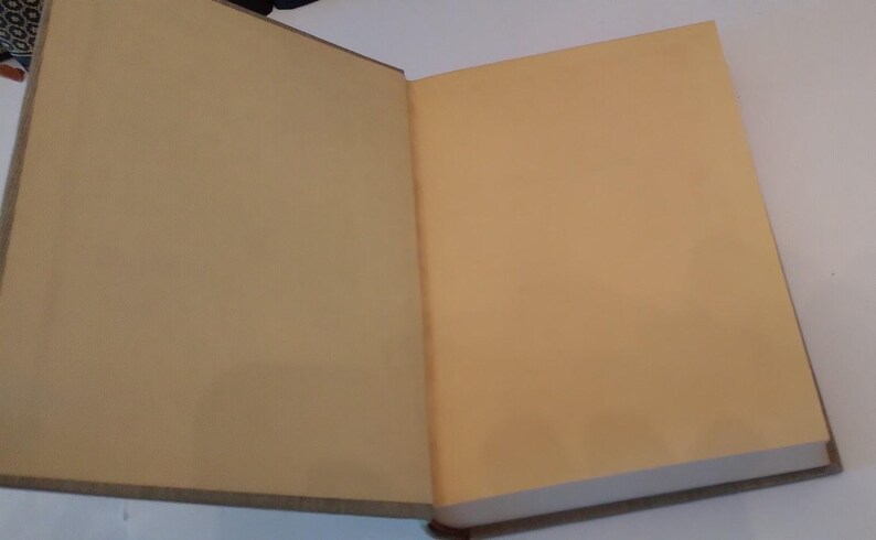 May include: An open book with tan-colored pages. The book is lying flat, revealing two facing pages. The edges of the pages are visible, and the book's spine is on the left side. The book appears to be old.