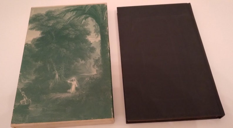 May include: A vintage book with a green and white dust jacket featuring a painting of a woman in a white dress standing in a forest. The book has a black cover.