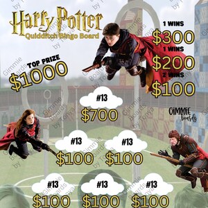 May include: A Harry Potter themed Quidditch Bingo Board game with a green field and characters from the movie flying on broomsticks. The board has 13 spaces with dollar amounts for winning. The top prize is $1000.