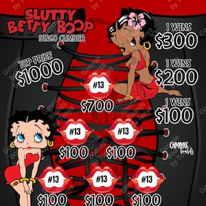 Peut inclure: Une carte de bingo rouge et noire avec une image de dessin animé de Betty Boop. La carte a un fond noir avec des lèvres rouges et le texte "Slutty Betty Boop Bingo Climber". La carte a un premier prix de 1000 € et d'autres prix de 700 €, 300 €, 200 € et 100 €.