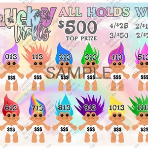 May include: A colourful game board with the title "Lucky Trolls" and the text "All Holds Win £500". The board features 12 troll dolls with numbers from 013 to 113. The game board has a rainbow background and is decorated with flowers.