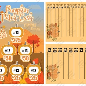 Może przedstawiać: Drukowana karta do gry w bingo z jesiennym motywem. Karta przedstawia projekt pola z dyniami w kolorze pomarańczowym, żółtym i brązowym. Karta nosi tytuł "Pumpkin Patch Cash" i zawiera listę liczb od 0 do 15. Karta zawiera również listę liczb od 0 do 713.