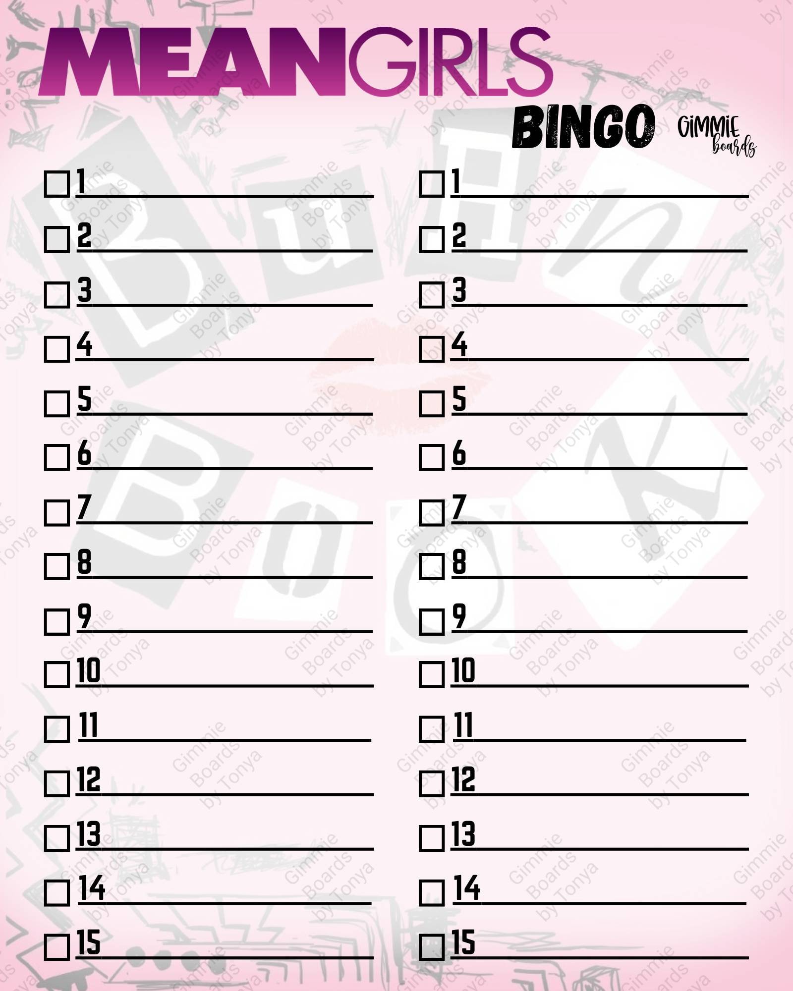 Mean Girls Inspired Elimination Bingo Board Etsy