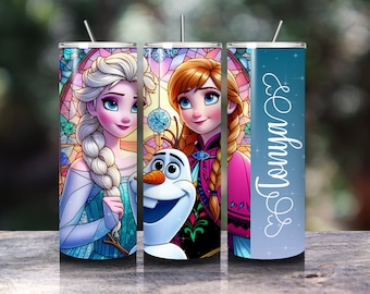 Vaso delgado personalizado de 20 oz con diseño de Elsa y Anna de Frozen. Añade tu nombre al diseño.