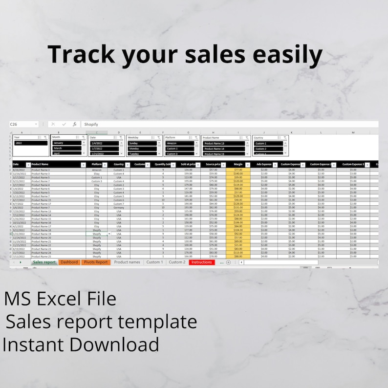 Excel Template Sales Dashboard, E-commerce Revenue KPI Tracker, Online ...
