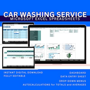 Foglio di calcolo per la gestione aziendale del lavaggio auto Modello Excel per il servizio di lavaggio auto Registro del servizio di lavaggio auto Foglio di calcolo per il monitoraggio dei clienti per un'efficienza
