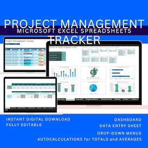 May include: A digital download of a Microsoft Excel spreadsheet template for project management. The template includes a dashboard, data entry sheet, drop-down menus, and auto-calculations for totals and averages. The template is fully editable and includes a variety of charts and graphs.
