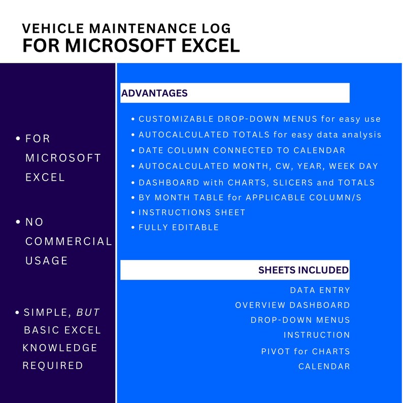 May include: A blue and white infographic with the title "Vehicle Maintenance Log for Microsoft Excel". The infographic lists the advantages of using the log, including customisable drop-down menus, auto-calculated totals, and a dashboard with charts. It also lists the sheets included in the log, such as data entry, overview dashboard, drop-down menus, instruction, pivot for charts, and calendar.