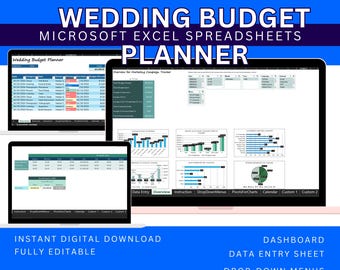 Peut inclure: Un planificateur de budget de mariage numérique affiché sur trois ordinateurs portables. Les écrans montrent des feuilles de calcul avec la saisie de données, des graphiques et des menus déroulants. Le texte comprend "Wedding Budget Planner" et "Microsoft Excel Spreadsheets Planner."