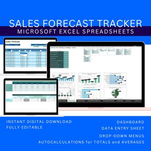 Op de afbeelding: Een screenshot van een computerscherm met een Microsoft Excel-spreadsheettemplate voor het bijhouden van verkoopvoorspellingen. De template bevat een dashboard, een gegevensinvoerblad, vervolgkeuzemenu's en grafieken. De tekst "SALES FORECAST TRACKER" wordt in een groot lettertype bovenaan het scherm weergegeven.
