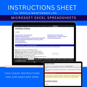 May include: A screenshot of a computer screen displaying a Microsoft Excel spreadsheet with instructions for a vehicle maintenance log. The spreadsheet features columns for date, vehicle ID, maintenance type, service provider, cost, mileage at service, and next service due. The instructions provide guidance on updating charts with new data, setting up dropdown menus, and formatting data entry columns.