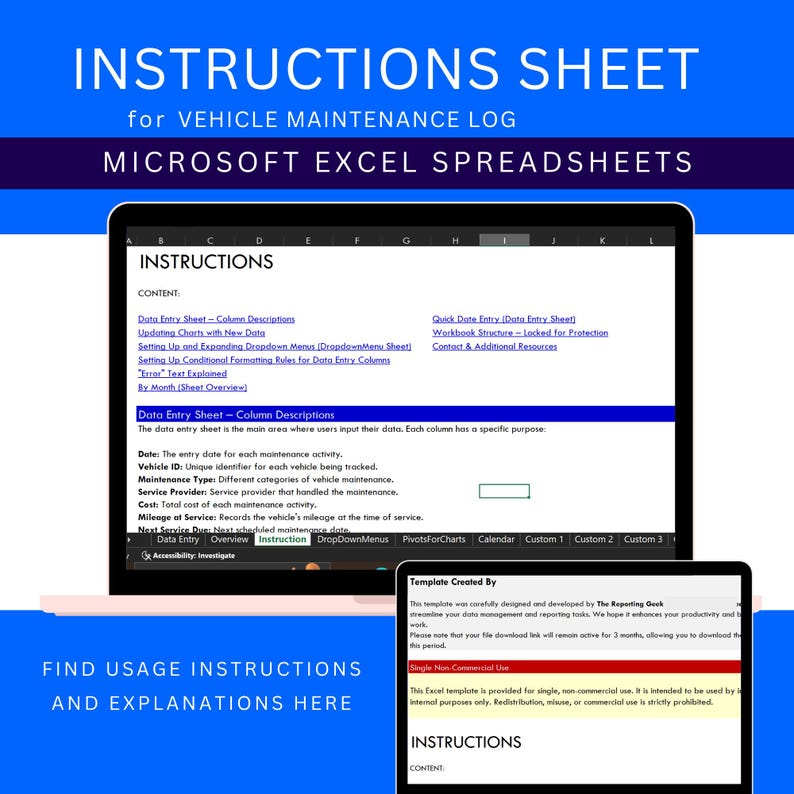 May include: A screenshot of a computer screen displaying a Microsoft Excel spreadsheet with instructions for a vehicle maintenance log. The spreadsheet features columns for date, vehicle ID, maintenance type, service provider, cost, mileage at service, and next service due. The instructions provide guidance on updating charts with new data, setting up dropdown menus, and formatting data entry columns.
