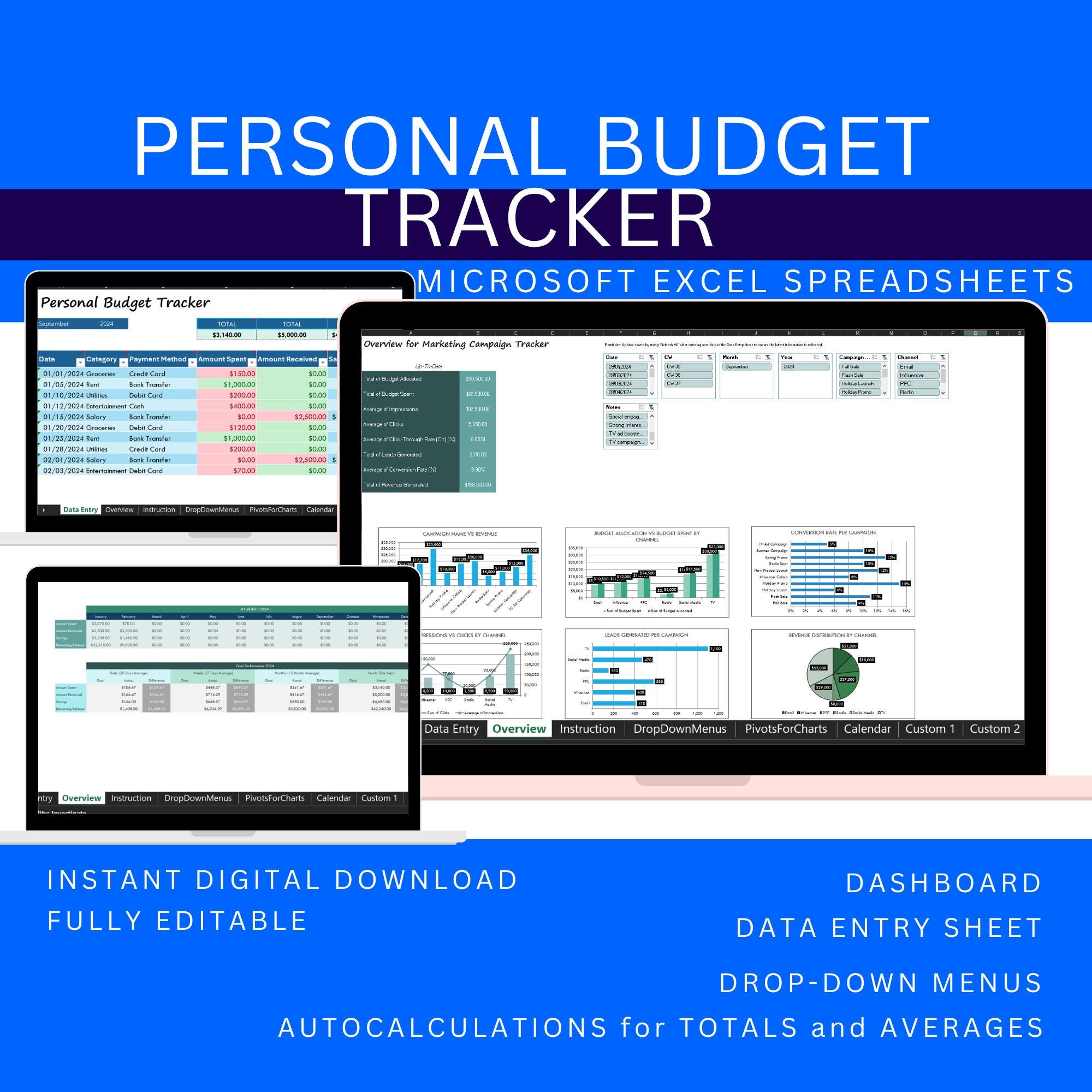 Excel Template Personal Budget Tracker, Monthly Finance Planner ...