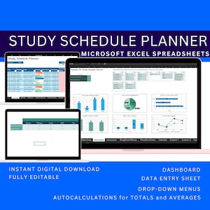 May include: A digital download of a Microsoft Excel spreadsheet for a study schedule planner. The spreadsheet includes a data entry sheet, drop-down menus, and charts. The text "Study Schedule Planner" is displayed in a blue box at the top of the image.