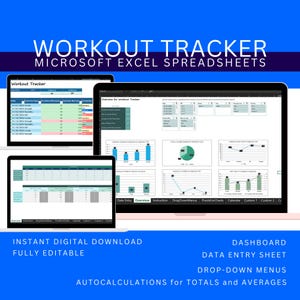 May include: A digital download of a Microsoft Excel spreadsheet for tracking workouts. The spreadsheet includes a data entry sheet, drop-down menus, and charts to visualize workout data. The spreadsheet is fully editable and includes auto-calculations for totals and averages.