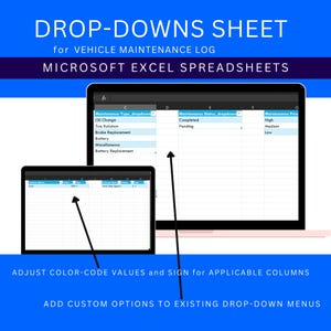 May include: A screenshot of a Microsoft Excel spreadsheet with drop-down menus for vehicle maintenance. The spreadsheet includes columns for maintenance type, status, and price. The drop-down menus allow users to select from a list of options, such as oil change, tyre rotation, brake replacement, and battery replacement. The spreadsheet also includes columns for date, mileage, and notes.