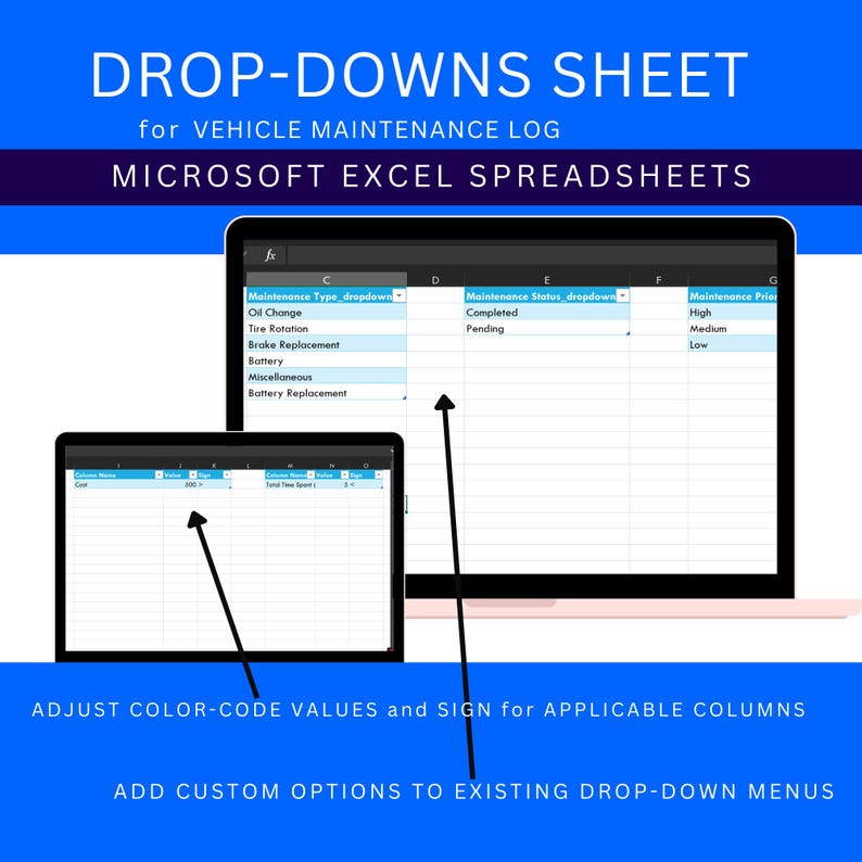 May include: A screenshot of a Microsoft Excel spreadsheet with drop-down menus for vehicle maintenance. The spreadsheet includes columns for maintenance type, status, and price. The drop-down menus allow users to select from a list of options, such as oil change, tyre rotation, brake replacement, and battery replacement. The spreadsheet also includes columns for date, mileage, and notes.