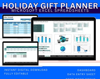 Puede incluir: Una pantalla de computadora que muestra una hoja de cálculo de Microsoft Excel con el título "Holiday Gift Planner". La hoja de cálculo incluye un pronóstico de ventas, una descripción general del planificador de regalos, la entrada de datos, instrucciones, menús desplegables, tablas dinámicas, un calendario y secciones personalizadas. El texto "INSTANT DIGITAL DOWNLOAD FULLY EDITABLE AUTOCALCULATIONS for TOTALS and AVERAGES" se muestra debajo de la pantalla.
