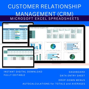 Può includere: Un prodotto digitale che mostra fogli di calcolo di Customer Relationship Management (CRM) in Microsoft Excel. L'immagine mostra più schermi con fogli di immissione dati, dashboard e grafici. Il testo include "Download digitale istantaneo".
