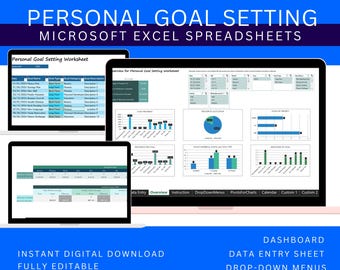 Könnte beinhalten: Ein digitaler Download einer Microsoft Excel-Tabelle zur Festlegung persönlicher Ziele. Die Tabelle enthält Dateneingabeblätter, Dropdown-Menüs und Diagramme zur Verfolgung des Fortschritts. Der Text "PERSONAL GOAL SETTING" wird oben im Bild in großer Schrift angezeigt.