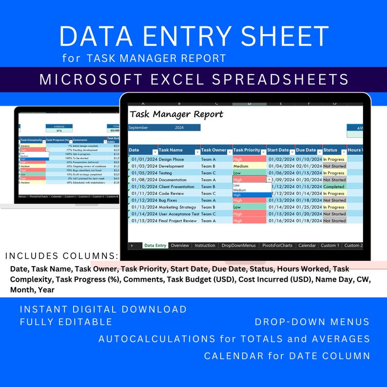 Date Task Flow Using Excel Formulas Excel Template Task Tracker, To-do List Organizer Spreadsheet, Daily ...