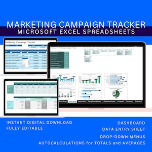 May include: A digital download of a Microsoft Excel spreadsheet template for tracking marketing campaigns. The template includes a dashboard, data entry sheet, drop-down menus, and auto-calculations for totals and averages. The spreadsheet is fully editable.