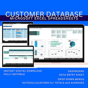 以下が含まれることがあります： 顧客データベース用のMicrosoft Excelスプレッドシートテンプレートを示すコンピューター画面のスクリーンショットです。スプレッドシートには、データ入力シート、ドロップダウンメニュー、グラフ、チャートが含まれています。画面上部の青いバナーには「CUSTOMER DATABASE」というテキストが表示されています。