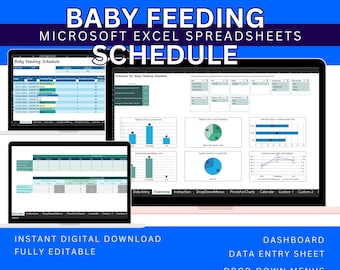 May include: A digital download of a Microsoft Excel spreadsheet for tracking baby feeding schedules. The spreadsheet includes data entry sheets, drop-down menus, charts, and graphs. The spreadsheet is fully editable and includes auto-calculations for totals and averages.