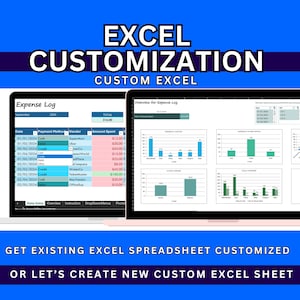 Könnte beinhalten: Ein Screenshot eines Computerbildschirms, der ein Tabellenkalkulationsprogramm mit dem Titel "Expense Log" zeigt. Die Tabellenkalkulation ist mit Daten über Ausgaben gefüllt, einschließlich Datum, Zahlungsmethode, Anbieter und ausgegebenem Betrag. Die Tabellenkalkulation enthält auch einen Gesamtbetrag, der für den Monat ausgegeben wurde. Der Bildschirm zeigt auch ein Diagramm mit dem Titel "Übersicht für Expense Log". Das Diagramm zeigt den Gesamtbetrag, der für jeden Monat ausgegeben wurde. Der Text "GET EXISTING EXCEL SPREADSHEET CUSTOMIZED OR LET'S CREATE NEW CUSTOM EXCEL SHEET" wird am unteren Rand des Bildes angezeigt.