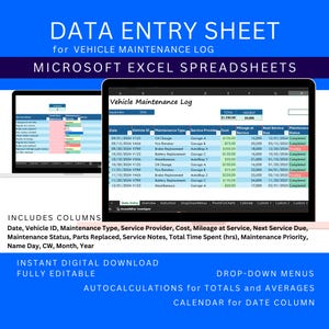 May include: A screenshot of a Microsoft Excel spreadsheet template for a vehicle maintenance log. The spreadsheet includes columns for date, vehicle ID, maintenance type, service provider, cost, mileage at service, next service due, maintenance status, parts replaced, service notes, total time spent, maintenance priority, name day, CW, month, and year. The spreadsheet also includes drop-down menus, autocalculations for totals and averages, and a calendar for the date column.